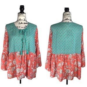 Tolani Collection Printed Peplum Top with Tassels Size Large in Coral Floral